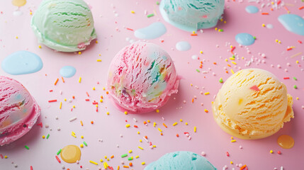 Colorful melted ice cream balls in pastel colors. Sweets background. Pink blue yellow mint