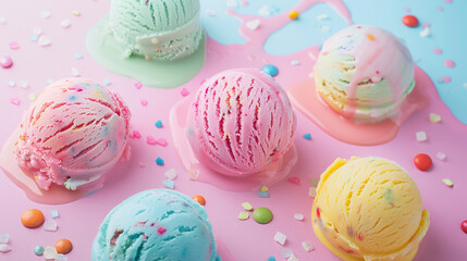 Colorful melted ice cream balls in pastel colors. Sweets gelato horizontal background. Pink blue yellow mint