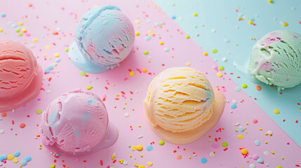 Colorful melted tasty ice cream balls in pastel colors. Nice sweets horizontal banner background. Pink blue yellow mint