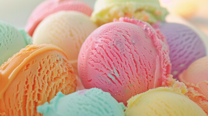 A bunch of colorful ice cream balls in pastel colors. Sweets horizontal background. Pink blue yellow mint violet