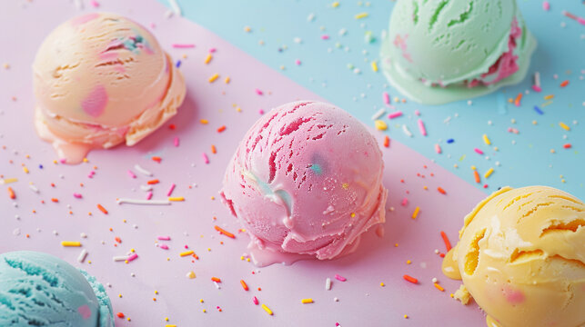 Colorful melted ice cream balls in pastel colors. Sweets and tasty treats horizontal background. Pink blue yellow mint
