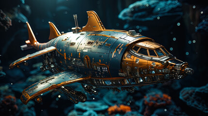 Naklejka premium The cosmic submarine exploring the dark depths of the universe, like a shark in the cosmos