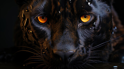 The dark, mysterious eyes of the panther, like two threatening gloss in the darkn
