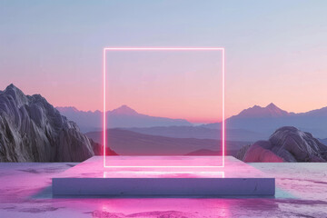 Empty podium for product display with glowing neon square frame against backdrop with mountains range. Abstract futuristic background