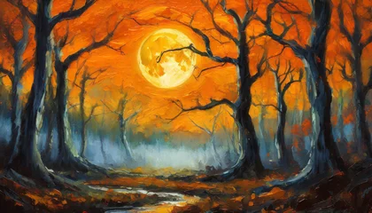 Foto op Plexiglas Oil painting of spooky forest with full moon on orange background. Dead trees. Wild nature. © hardvicore