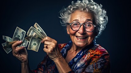 happy senior woman with banknotes in her hand. - obrazy, fototapety, plakaty