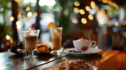 On a wooden table there are several glasses of coffee and food on a plate with a light effect.