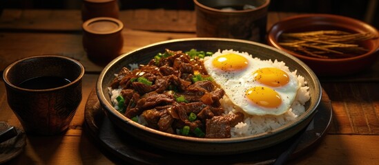 A detailed view of a plate of homemade stir-fried Chinese cuisine featuring ginkgo chicken gizzard and egg served on a bed of rice, placed on a table.