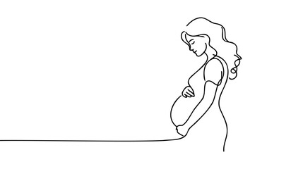 Pregnant woman single continuous line art. Medicine health care pregnancy healthy silhouette holding belly headline concept design one sketch outline drawing white vector illustration