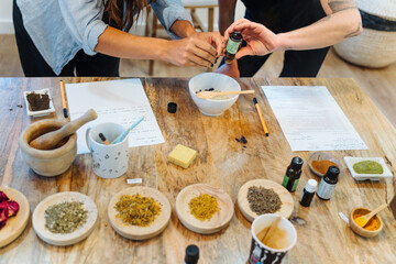 Natural soap workshop. Mixing ingredients to make soap