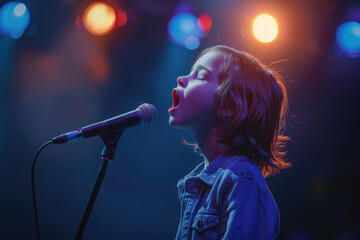 Obraz premium Little gifted child sings a song on stage in a talent show