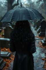 Selective focus of Back view of woman wearing black dress holding umbrella on rainy day at Christian cemetery.
