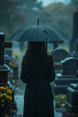 Selective focus of Back view of woman wearing black dress holding umbrella on rainy day at Christian cemetery.