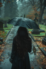 Selective focus of Back view of woman wearing black dress holding umbrella on rainy day at Christian cemetery.