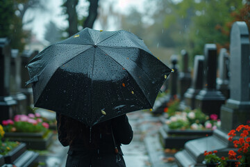 Selective focus of Back view of woman wearing black dress holding umbrella on rainy day at Christian cemetery.