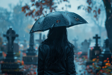 Selective focus of Back view of woman wearing black dress holding umbrella on rainy day at Christian cemetery.