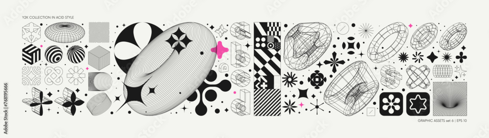 Leinwandbilder Vector graphic assets set in acid style, retro futuristic background with wireframe elements of different forms, bold modern shapes for design template, poster, stickers, banner in Y2k style set 6