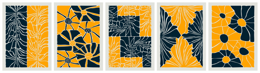 Set groovy abstract flower poster, Minimal floral art prints Matisse inspired, Organic doodle shapes in trendy naive retro style, Funky botanic vector illustrations in yellow colors