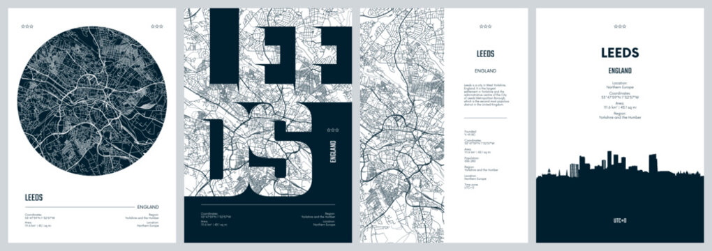 Set of travel posters with Leeds, detailed urban street plan city map, Silhouette city skyline, vector artwork