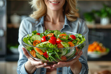 Middle aged woman stands in a kitchen holding a bowl of vegetable salad, Diet and healthy meals