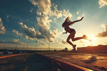 High jump, woman and fitness with exercise, sport and athlete in a competition outdoor. - Powered by Adobe