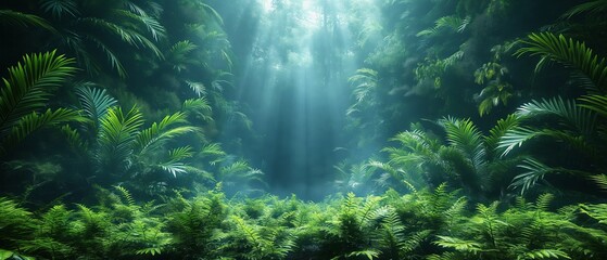green tropical forest jungle, with sun rays
