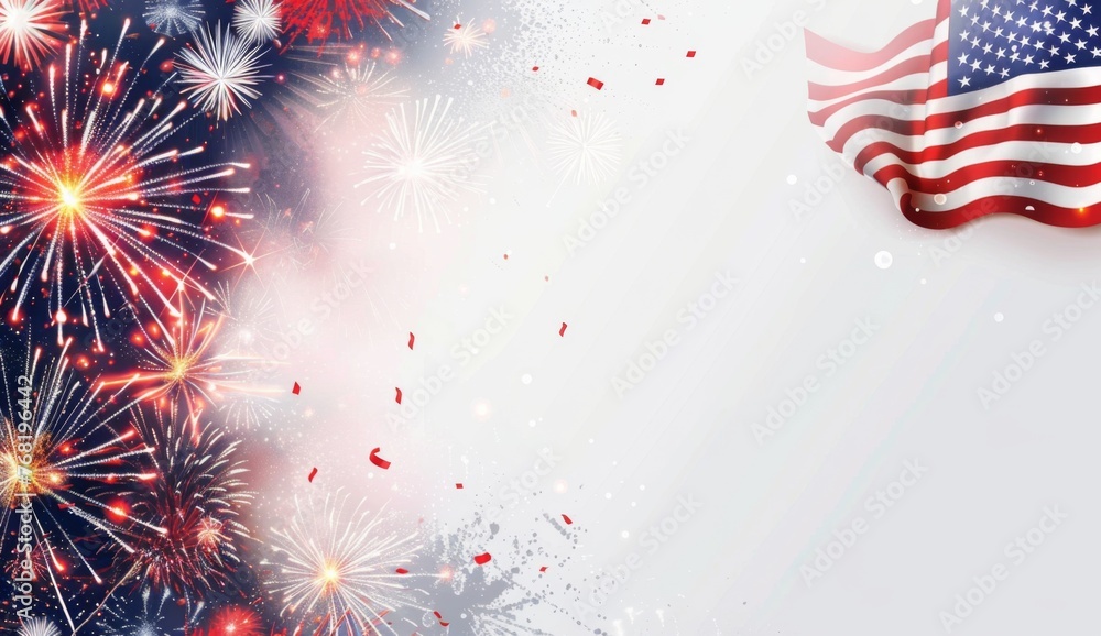 Poster horizontal background banner with an american flag and fireworks on the right side, white space in c