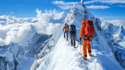 Three climbers on a snowy mountain peak, cliff
