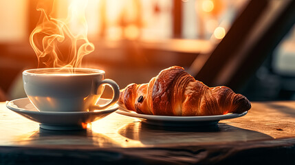 A white coffee cup sits on a white plate next to a croissant.