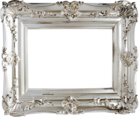 Elegant silver picture frame with intricate designs, cut out transparent