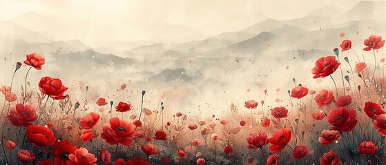 illustration poppy field, red black color - obrazy, fototapety, plakaty