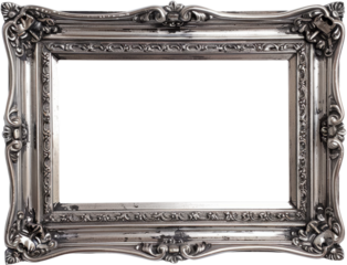 Elegant silver picture frame with intricate designs, cut out transparent