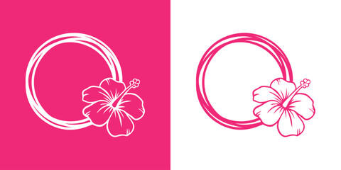 Logo vacaciones en Hawái. Marco circular con líneas con silueta de flor de hibisco