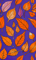 Abstract beautiful background with gold, red and blue leaves on a lilac background, floral pattern,