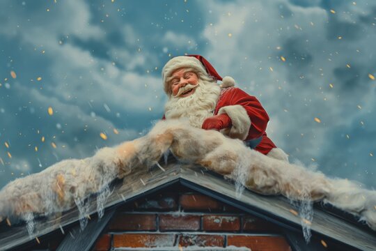 outdoor, Christmas scene, Santa Claus on roof, laughing, marketing poster, marketing campaign, satured colors, vivid colors, vivid, realistic, ultra realistic, realistic render