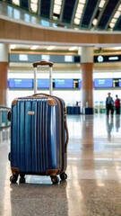 A blue suitcase is sitting in the middle of a large airport terminal