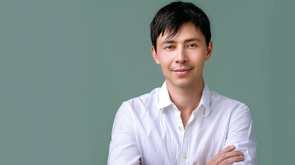
homem bonito chinês , fundo verde puro: 25  anos, sorriso confiante, cabelo escuro, aparência profissional, elegante, cor sólida - obrazy, fototapety, plakaty