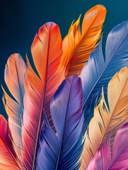 Detailed view of vibrant feathers in various shades and patterns set against a dark black backdrop