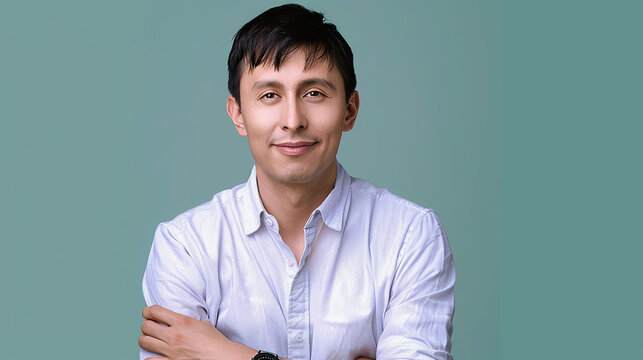 
homem bonito chinês , fundo verde puro: 25  anos, sorriso confiante, cabelo escuro, aparência profissional, relógio elegante, cor sólida