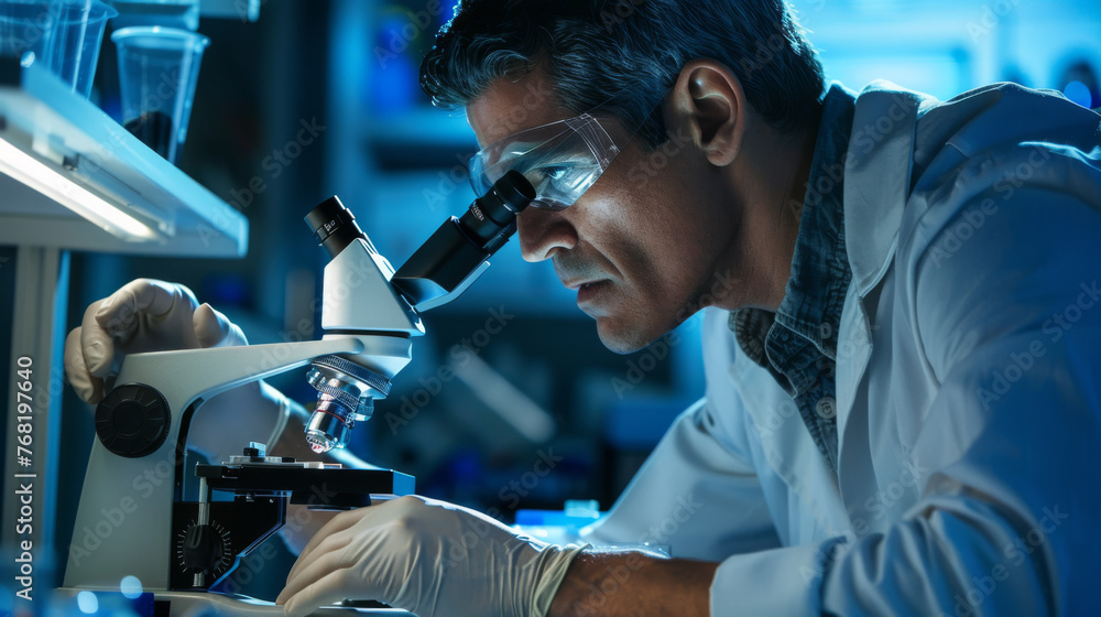 Poster a scientist peers through a microscope in a dimly lit lab.