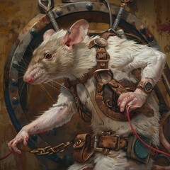 A rat connected to an explosive harness, which displays an ominous pocket watch