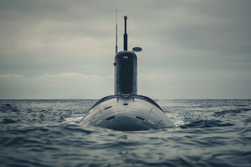 A submarine is in the water, with the ocean behind it