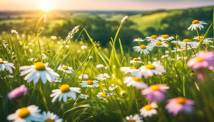 Beautiful spring landscape with meadow flowers and daisies in the grass. Natural summer panorama,...