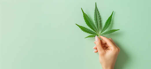 Hand holding green hemp marijuana leaf, pastel green background. Alternative treatment concept.
