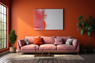 Modern living room interior with orange sofa, template for paintings on the wall, minimum details, plain interior with different textures