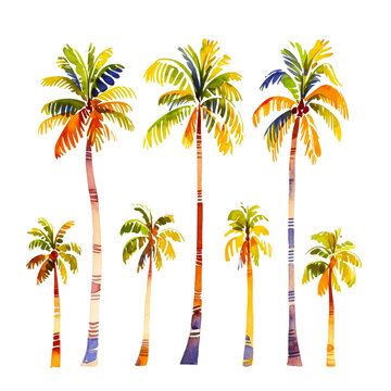 Palm tree. Tropical rainforest leaves, foliage. Coconut Palm. Vintage  Watercolor realistic illustration PNG
