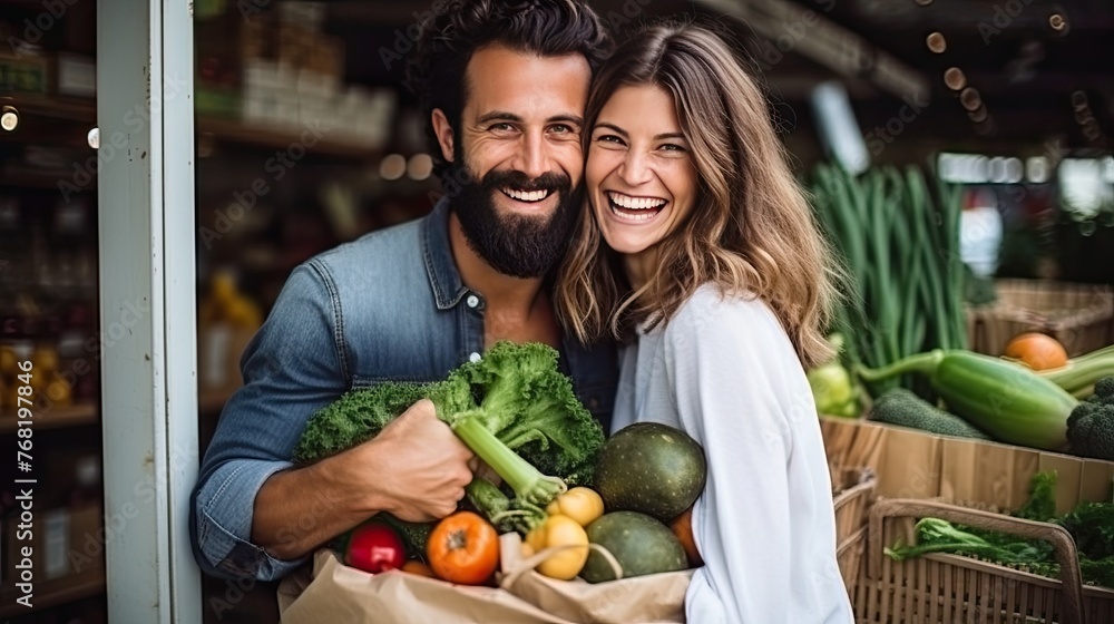 Wall mural Couple of man and woman in supermarket with bag full of vegetables.