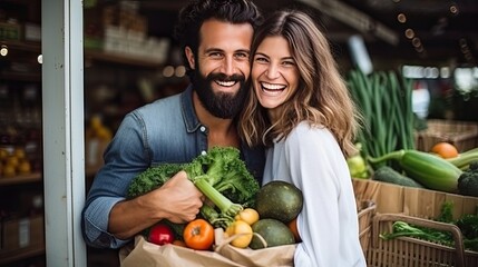 Couple of man and woman in supermarket with bag full of vegetables. - obrazy, fototapety, plakaty