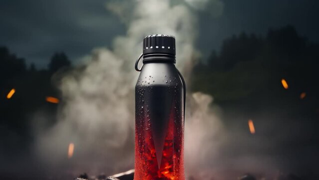 Aitya water bottle transparent thermos mockup on dark background with fog