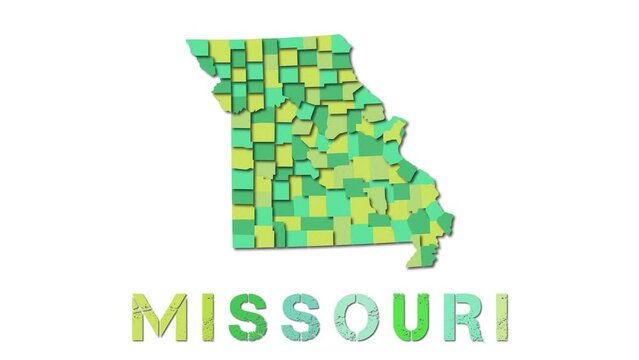 Missouri map with paper regions. Animated us state map growing from regions and title letters falling down. Radiant 4k animation.